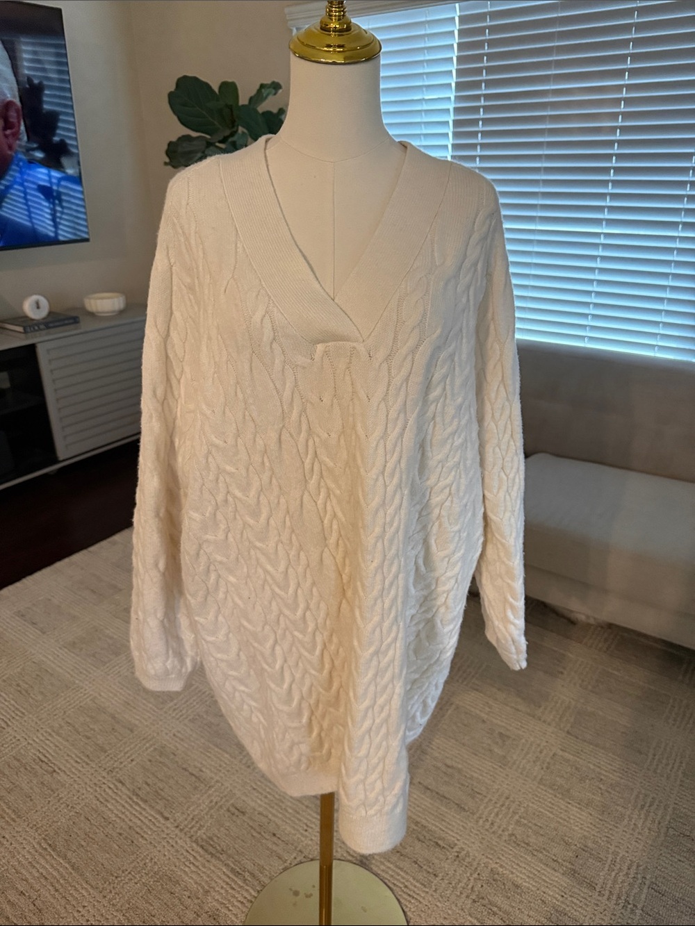 Cream Cable-Knit V-Neck Sweater Dress